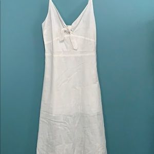 White linen midi dress with tie in front